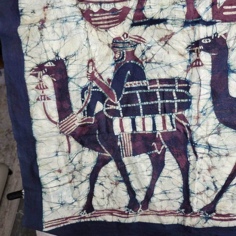 African Batik Dye Art Wall Hanging Camel Caravan Village Scene Tapestry Signed